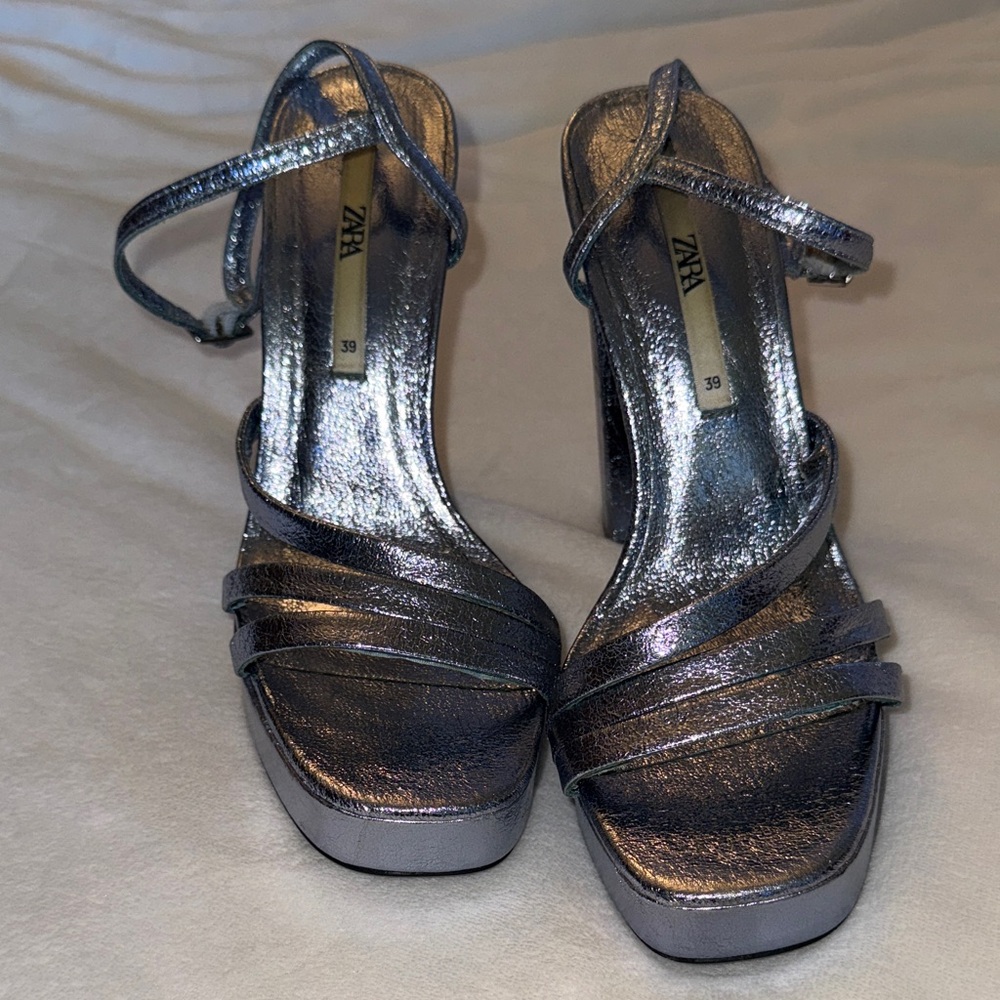 Zara Metallic Silver Strappy Heels